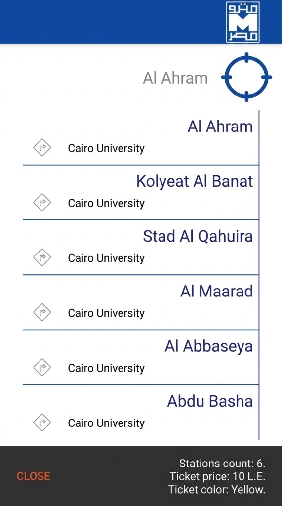 Egypt Metro App Interface screenshot